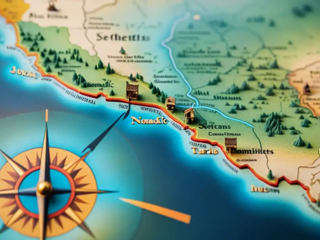 Mapa detallado vintage que muestra la influencia nómada en ciudades sedentarias con caravanas, rutas comerciales y símbolos culturales