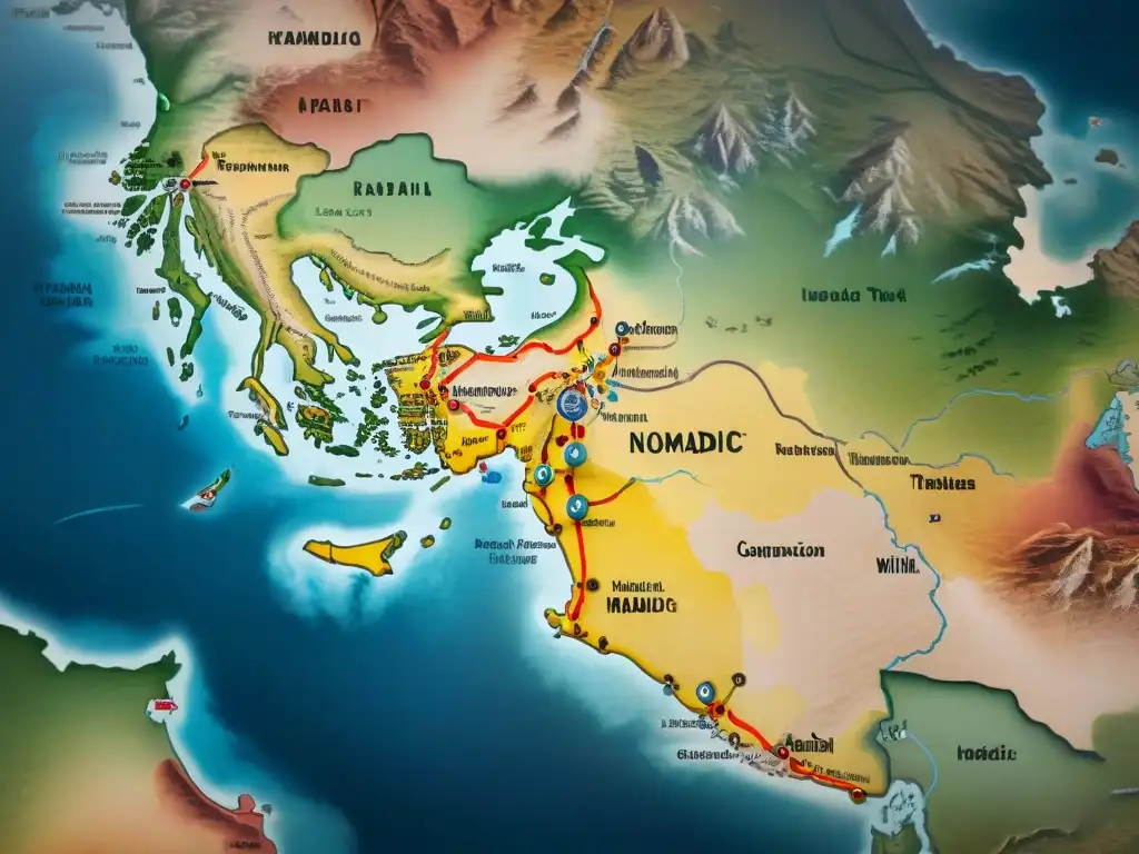 Mapa detallado vintage de redes de tribus nómadas en migración por vastos terrenos, evocando el impacto nómada en geopolítica mundial