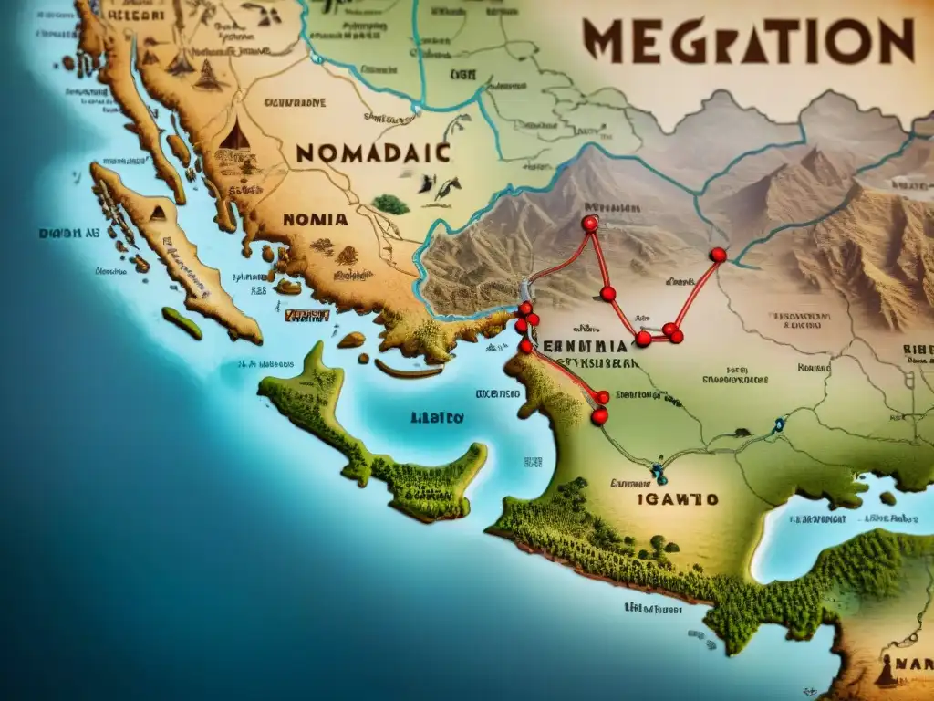 Mapa detallado vintage de las rutas de migración de tribus nómadas, con ilustraciones de paisajes, animales y símbolos culturales a lo largo de los caminos