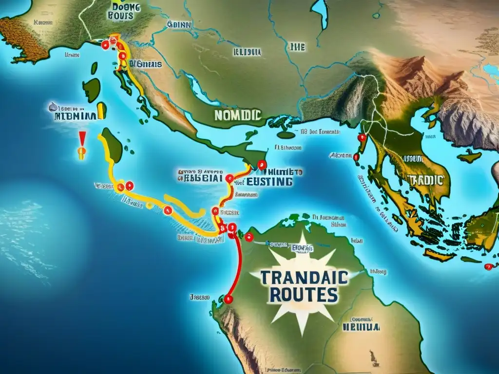 Mapa detallado vintage de rutas comerciales transcontinentales de mercaderes nómadas