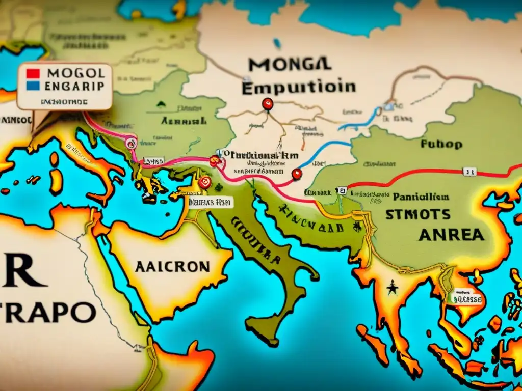 Mapa detallado vintage de rutas comerciales del Imperio Mongol, con ilustraciones de caravanas y ciudades clave a lo largo de la Ruta de la Seda