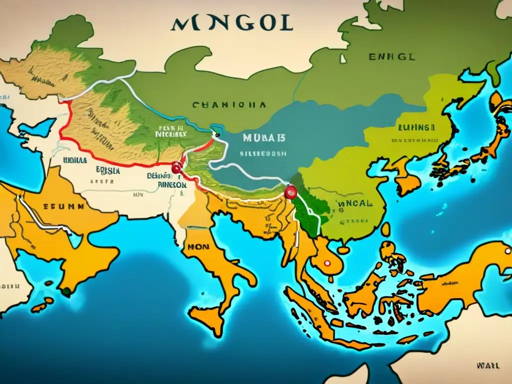 Mapa detallado vintage de rutas comerciales del Imperio Mongol, ciudades clave y vasta influencia económica