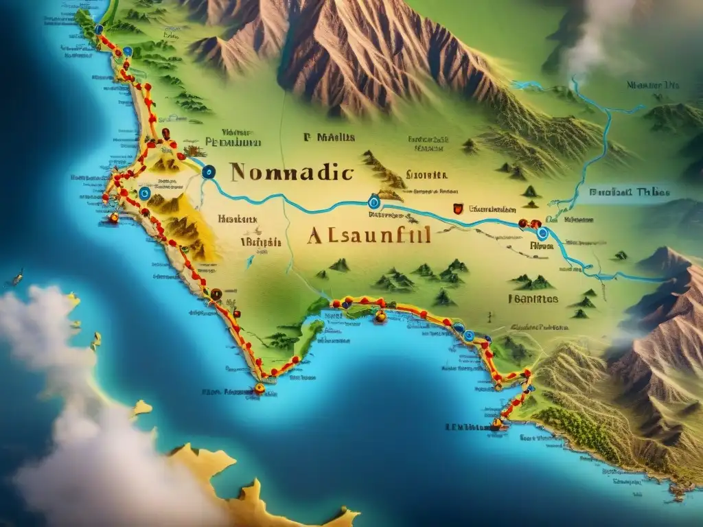 Mapa detallado vintage de rutas de tribus nómadas, con puntos de interés cultural y conquistas, en pergamino envejecido