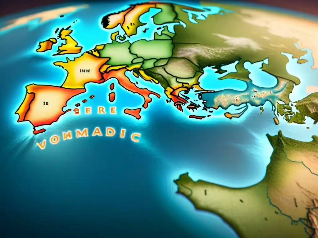 Mapa detallado vintage de rutas nómadas antiguas en varios continentes, con colores desgastados y detalles cartográficos intrincados