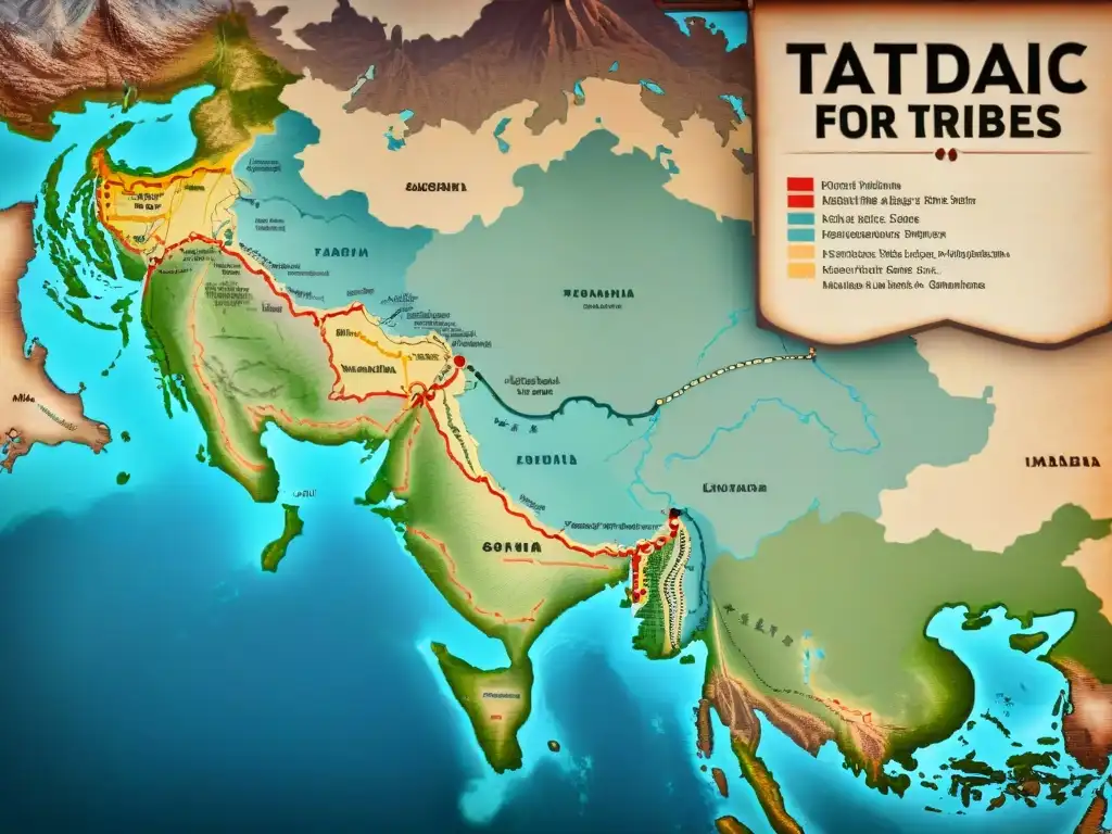 Mapa detallado vintage de rutas nómadas tártaras en Eurasia, con tiendas tradicionales, caballos y armas