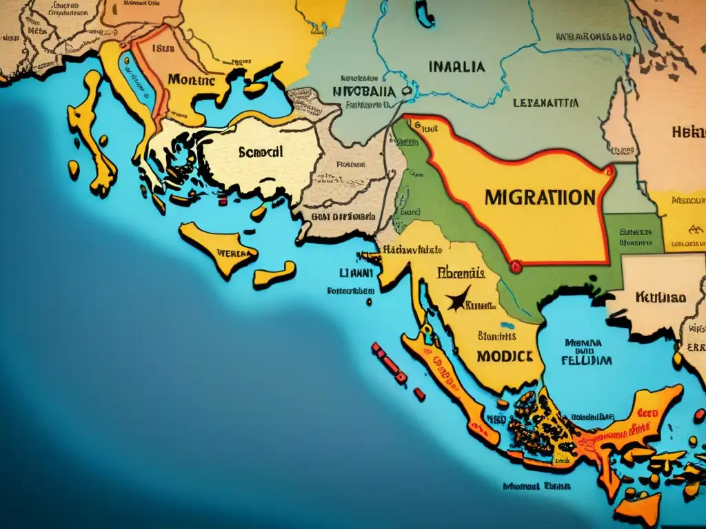 Mapa vintage de rutas de tribus nómadas: historia y cultura ancestral Mapa detallado vintage con rutas migratorias de tribus nómadas, símbolos culturales y predicciones migraciones tribus nómadas