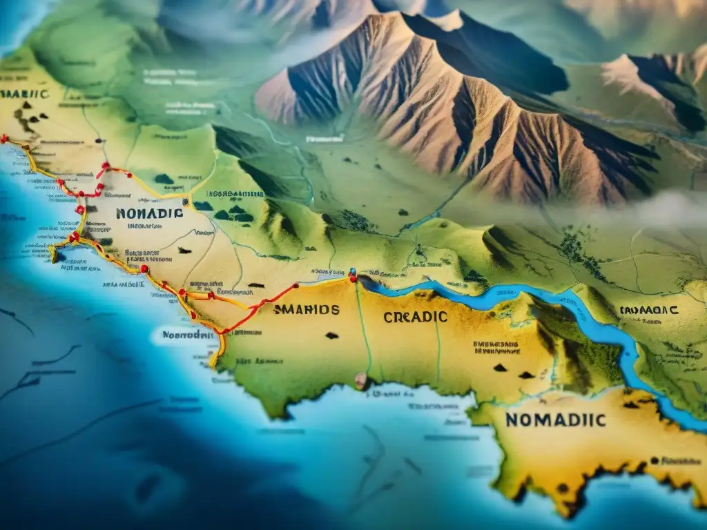 Mapa detallado vintage de rutas nómadas en estepas, con asentamientos tribales y símbolos culturales únicos