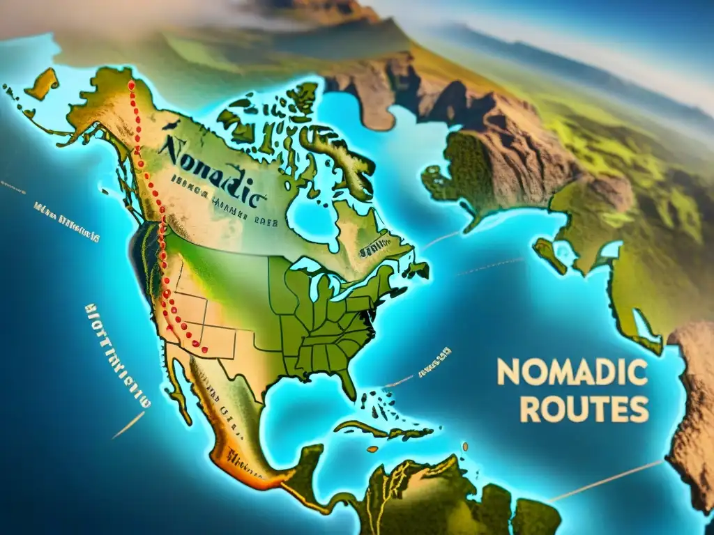 Mapa detallado vintage de rutas comerciales de tribus nómadas en tonos teñidos, desgastado, con rosas de los vientos