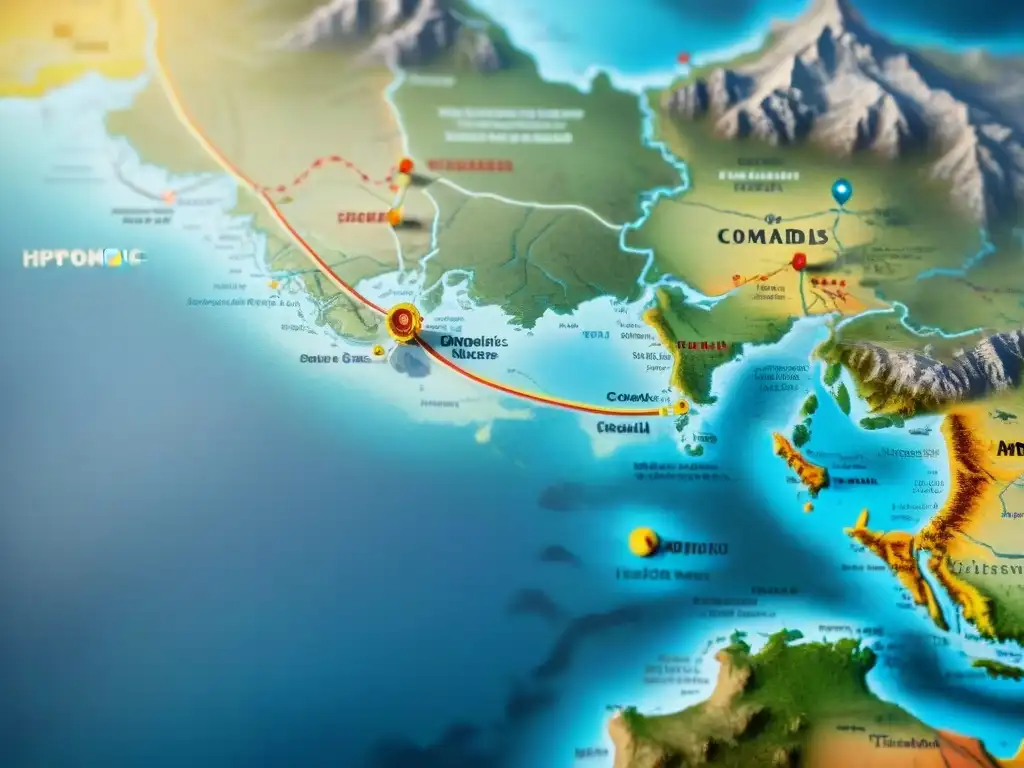 Mapa detallado vintage mostrando rutas nómadas antiguas cruzando diversos terrenos, con marcas desgastadas de patrones migratorios y exploración