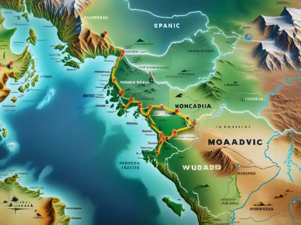 Mapa detallado vintage de rutas nómadas en estepas, con símbolos tribales y caligrafía antigua