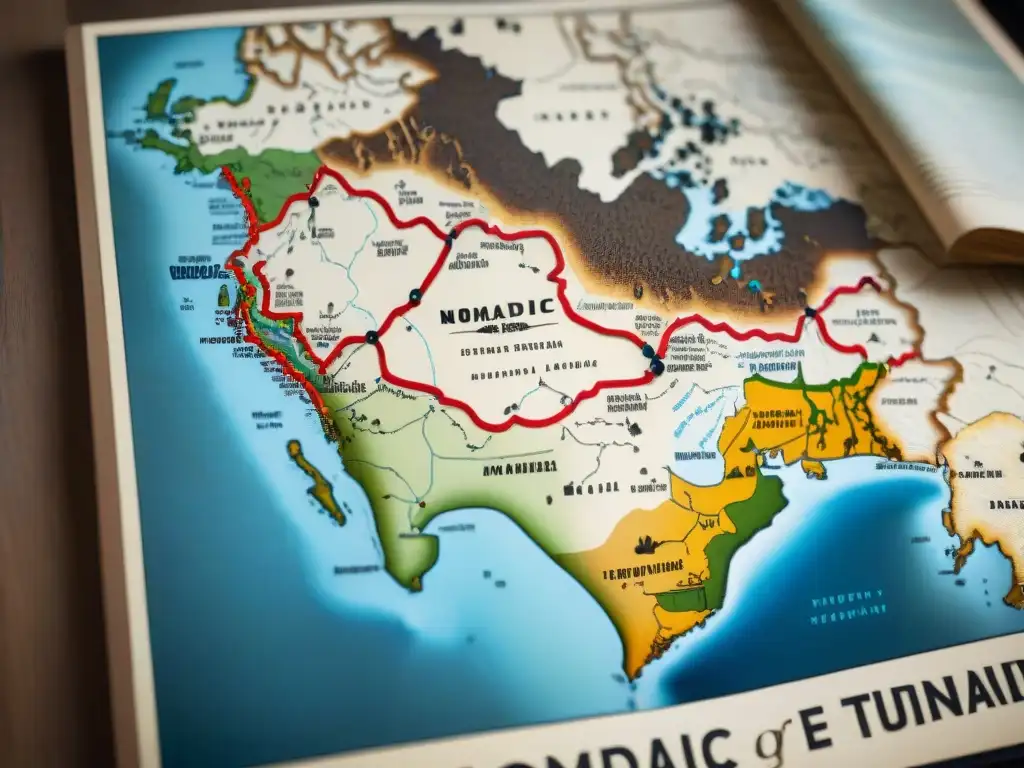 Mapa detallado vintage mostrando rutas y territorios de tribus nómadas en la historia, con símbolos coloridos