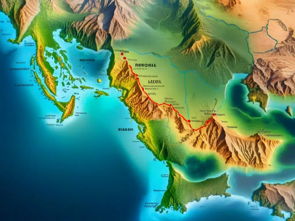 Mapa detallado vintage con rutas antiguas de tribus nómadas, ilustraciones de caminos, montañas y desiertos