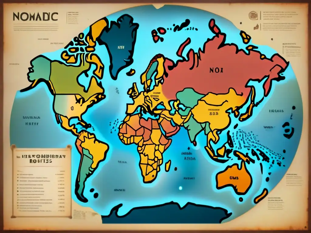 Mapa detallado vintage de rutas nómadas, con símbolos tribales, fronteras y hitos antiguos, destacando el impacto nómada en geopolítica mundial