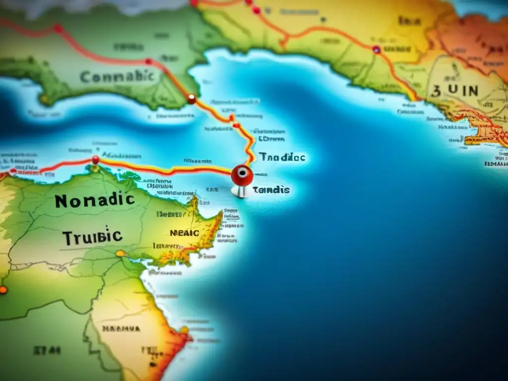 Mapa detallado vintage de rutas comerciales antiguas con colores vibrantes y detalles intrincados, mostrando el papel de los nómadas intermediarios