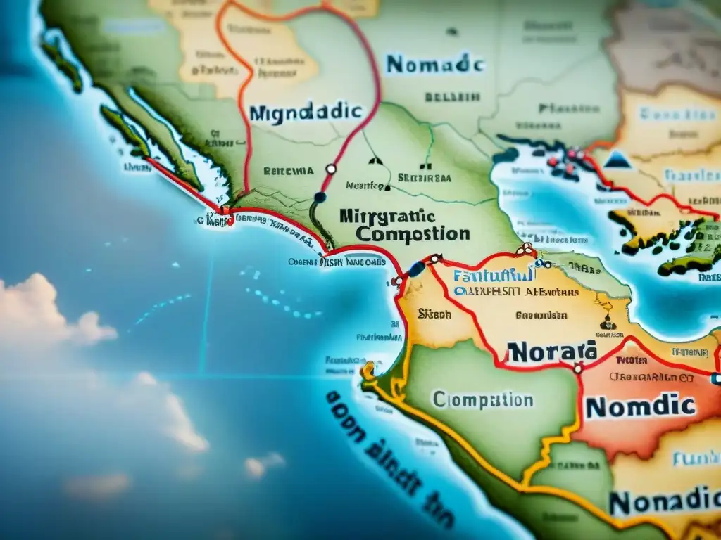 Mapa detallado vintage de rutas migratorias de tribus nómadas, con líneas y símbolos intrincados