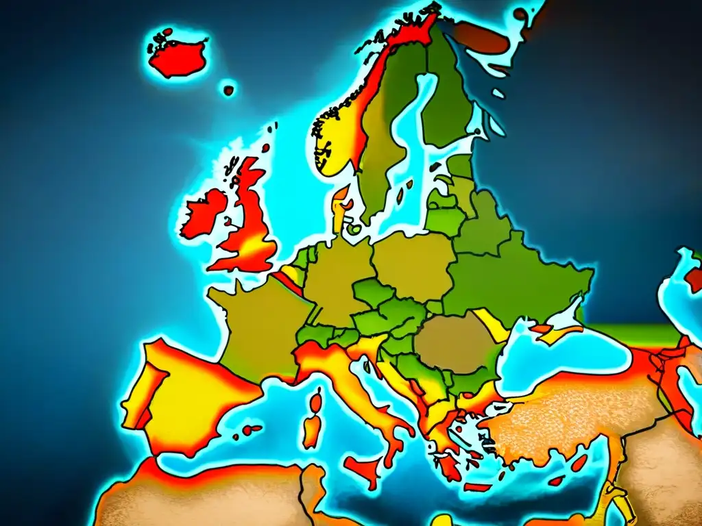 Mapa detallado vintage de Europa con sombras ominosas desde el este, mostrando el legado de las tribus nómadas en la historia