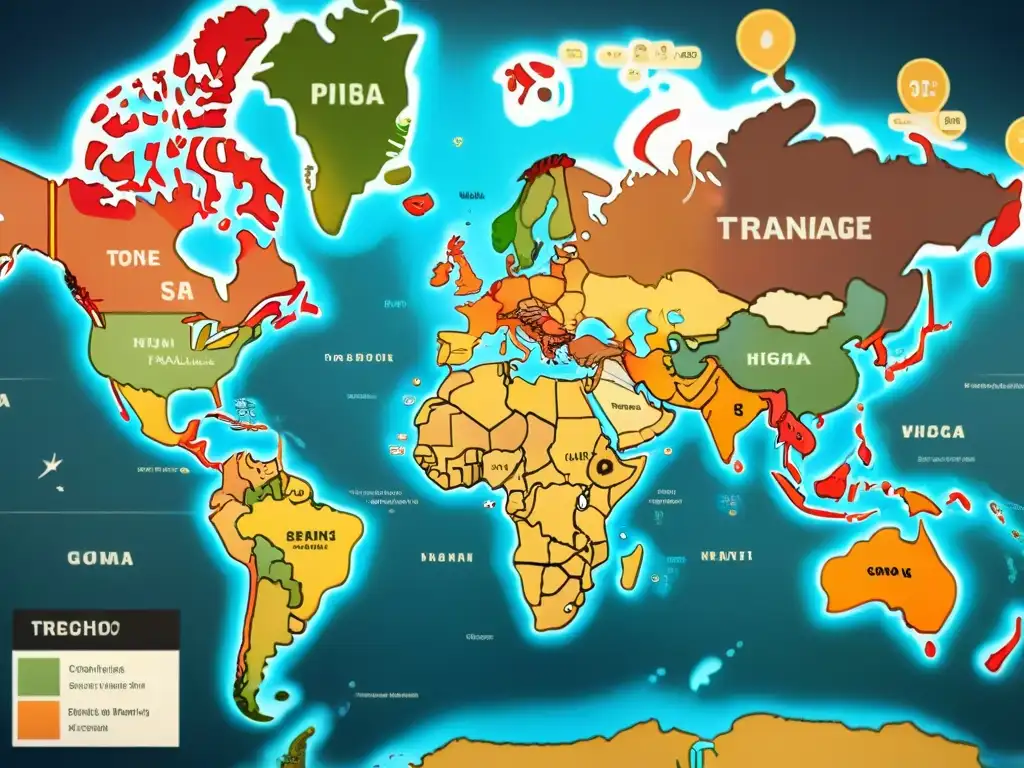 Un mapa del mundo vintage detallado en 8k, con colores desgastados y detalles intrincados, perfecto para los amantes de las lenguas y la historia