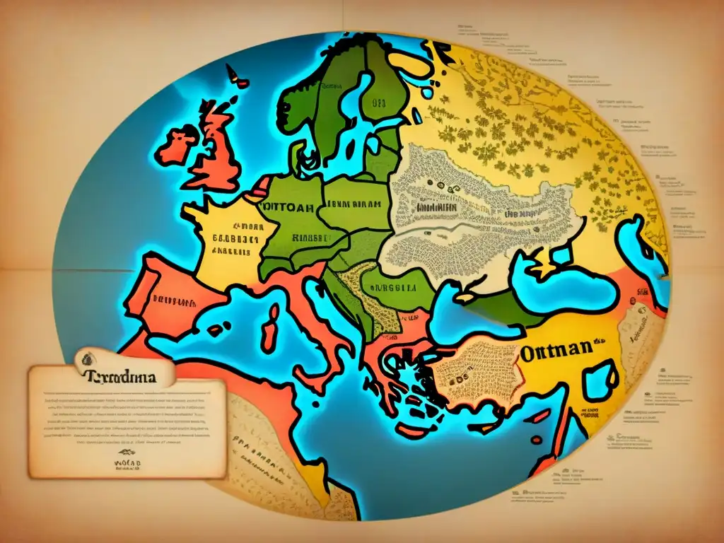 Mapa vintage detallando las conquistas islámicas enriquecido con caligrafía árabe sobre pergamino envejecido