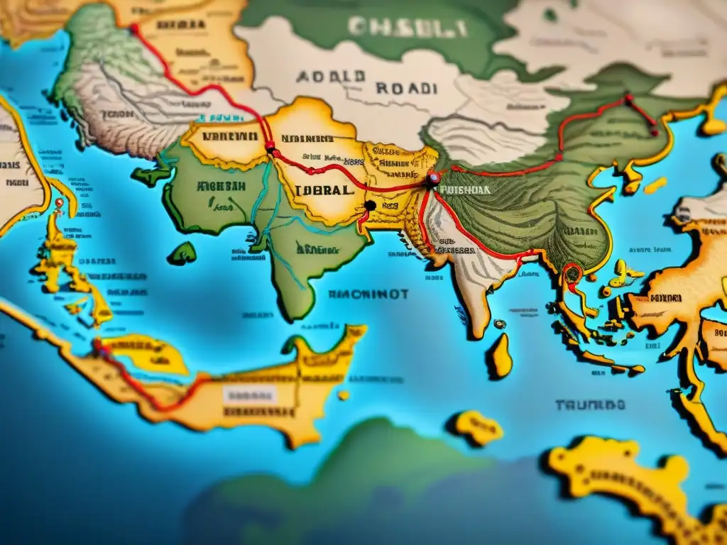 Mapa vintage detallado de la antigua Ruta de la Seda, evocando misterio y aventura