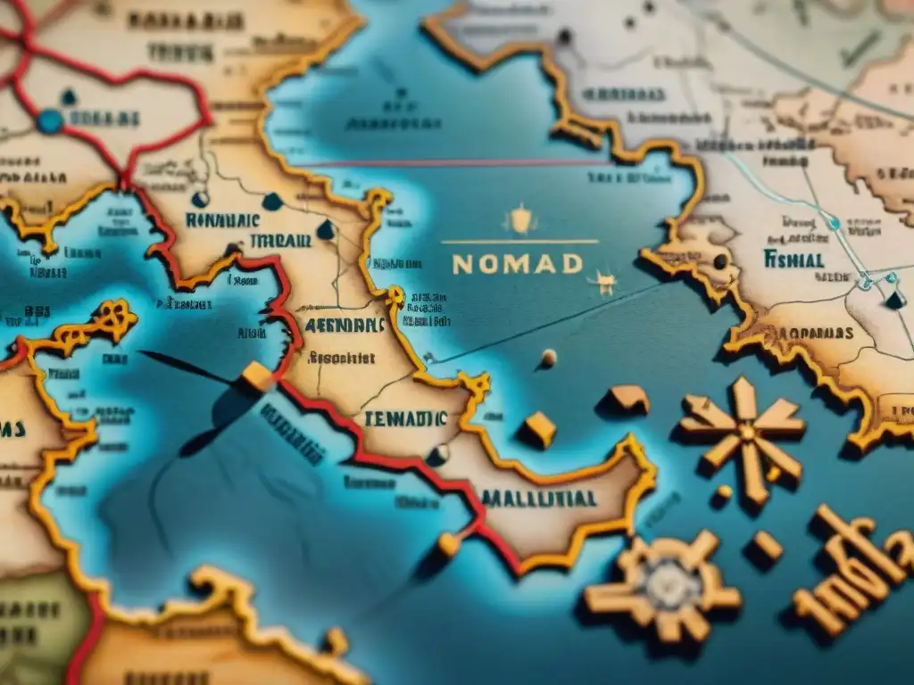 Mapa vintage detallado de bases matemáticas tribus nómadas, con rutas y símbolos geométricos en paisajes extensos