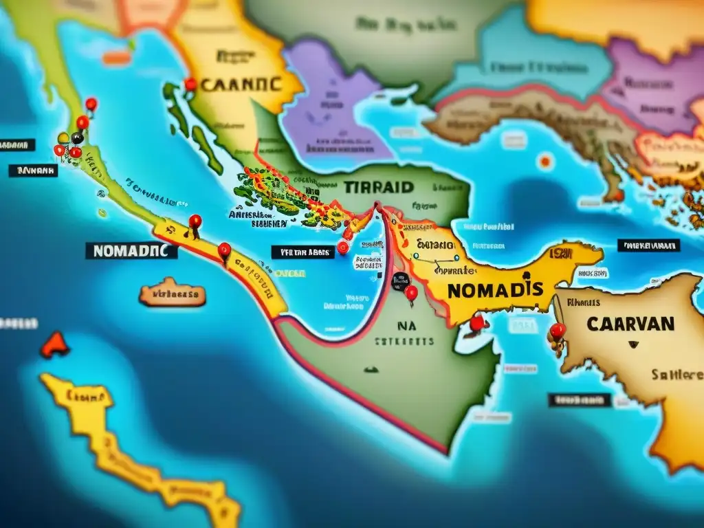 Un mapa vintage detallado que muestra la compleja política entre nómadas y sedentarios en vibrantes ilustraciones