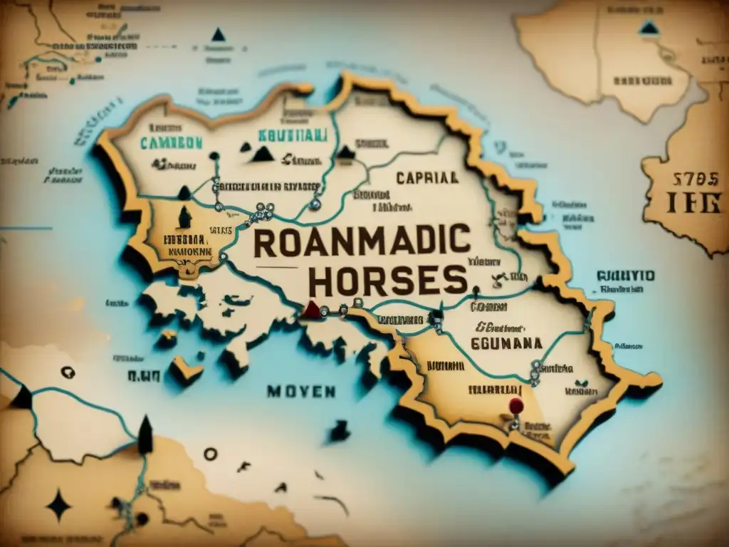 Mapa vintage detallado con elementos culturales nómadas y símbolos matemáticos, en tonos sepia