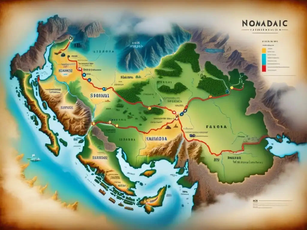 Mapa vintage detallado de las estepas donde tribus nómadas forjaron alianzas diplomáticas, evocando historia y conexiones ancestrales