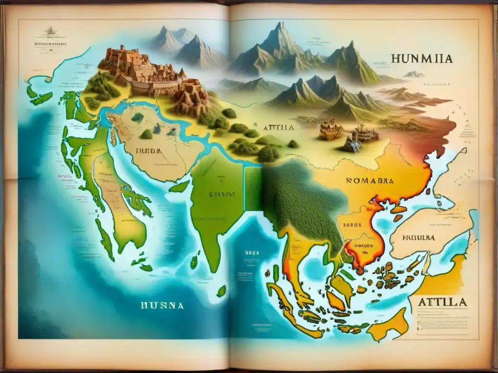 Mapa vintage detallado de expansión de los Hunos bajo Atila, con estrategias de expansión de tribus nómadas