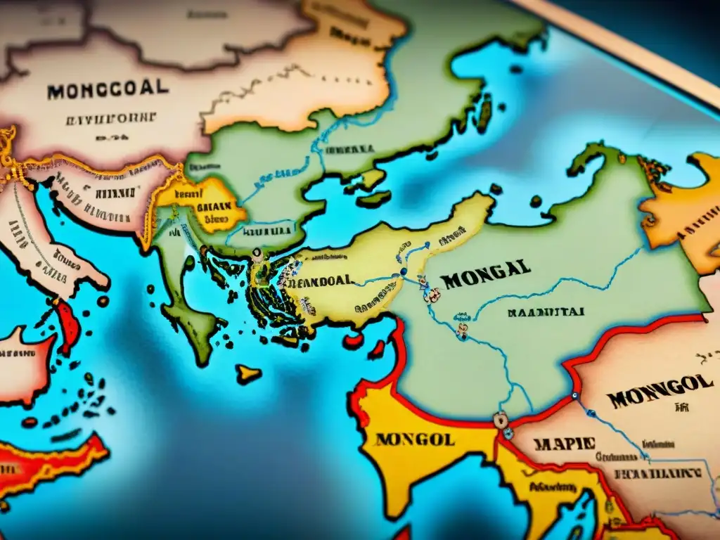 Mapa vintage detallado del Imperio Mongol con Estrategias de gobernanza, ciudades clave y rutas comerciales