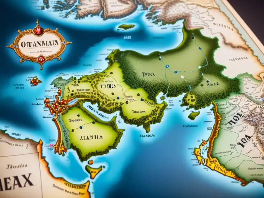 Mapa vintage detallado del Imperio Otomano, con centros administrativos estratégicos y rutas comerciales