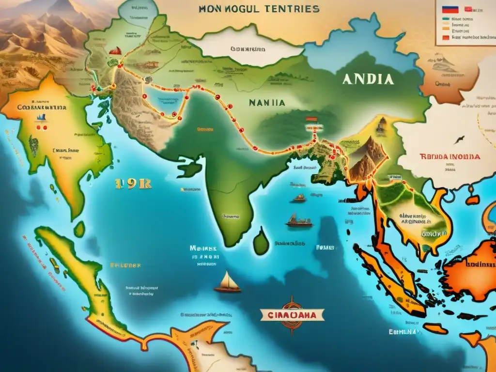 Mapa vintage detallado del Imperio Mogol en su apogeo, con tribus nómadas yurtas y caravanas