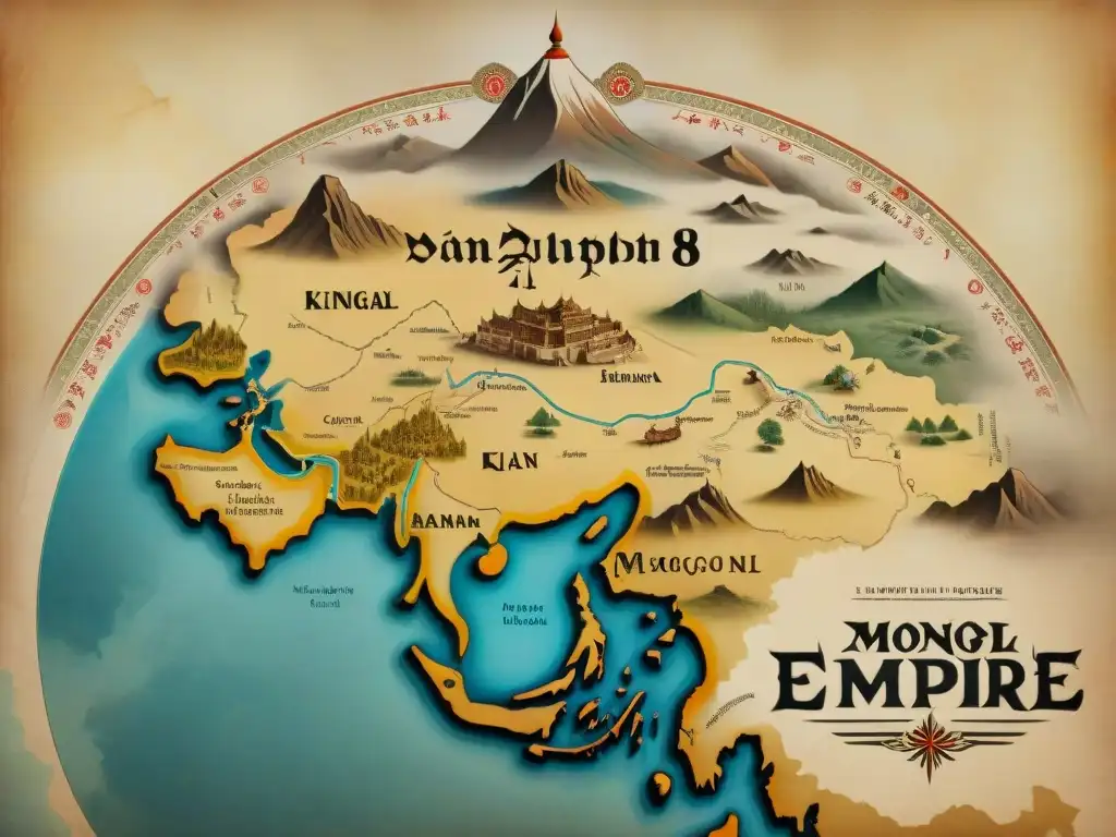 Mapa vintage detallado del Imperio Mongol y la descendencia de las tribus nómadas de Genghis Khan