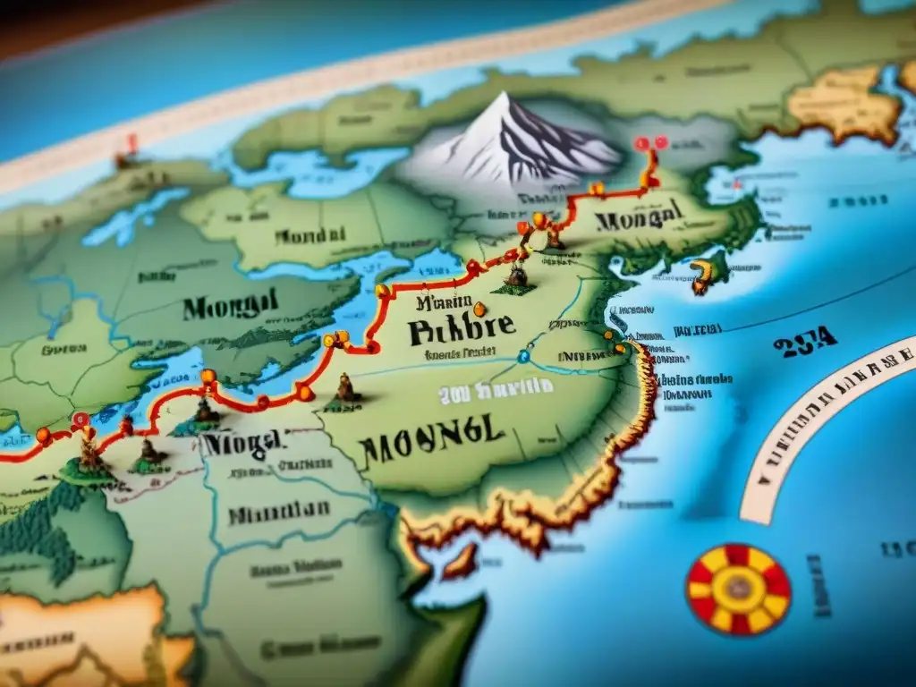 Mapa vintage detallado del Imperio Mongol, con tribus nómadas en caballos, legado histórico y cultural en Eurasia