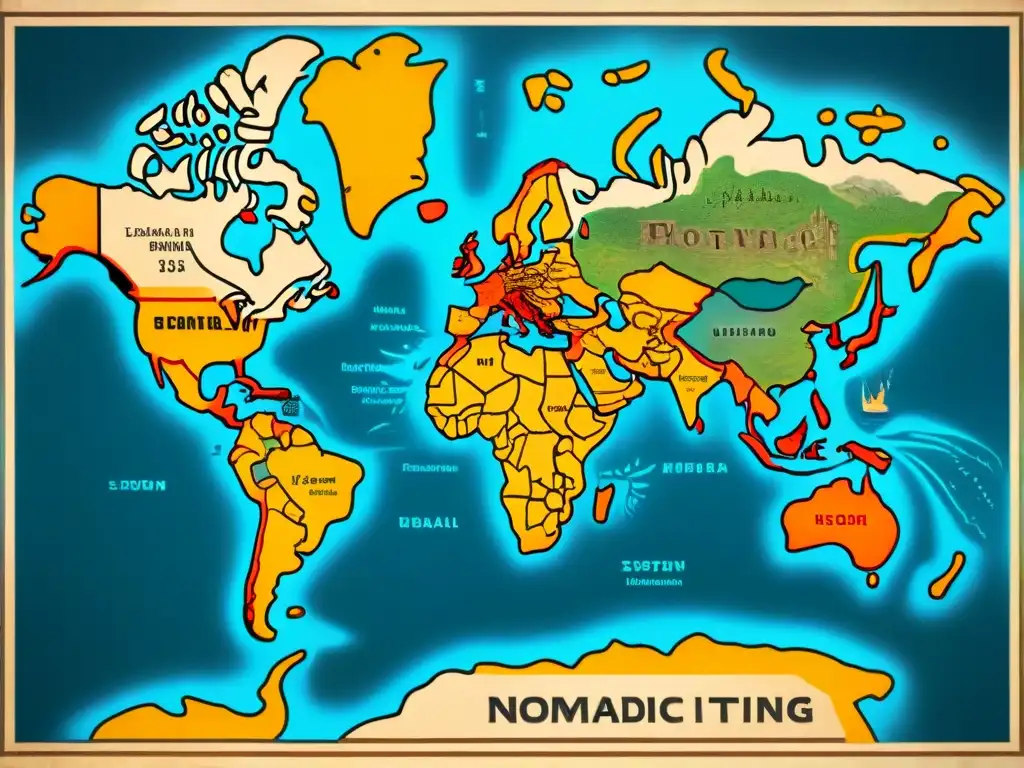 Mapa vintage detallado de imperios nómadas desaparecidos con rutas, ciudades y elementos culturales, evocando historia y misterio