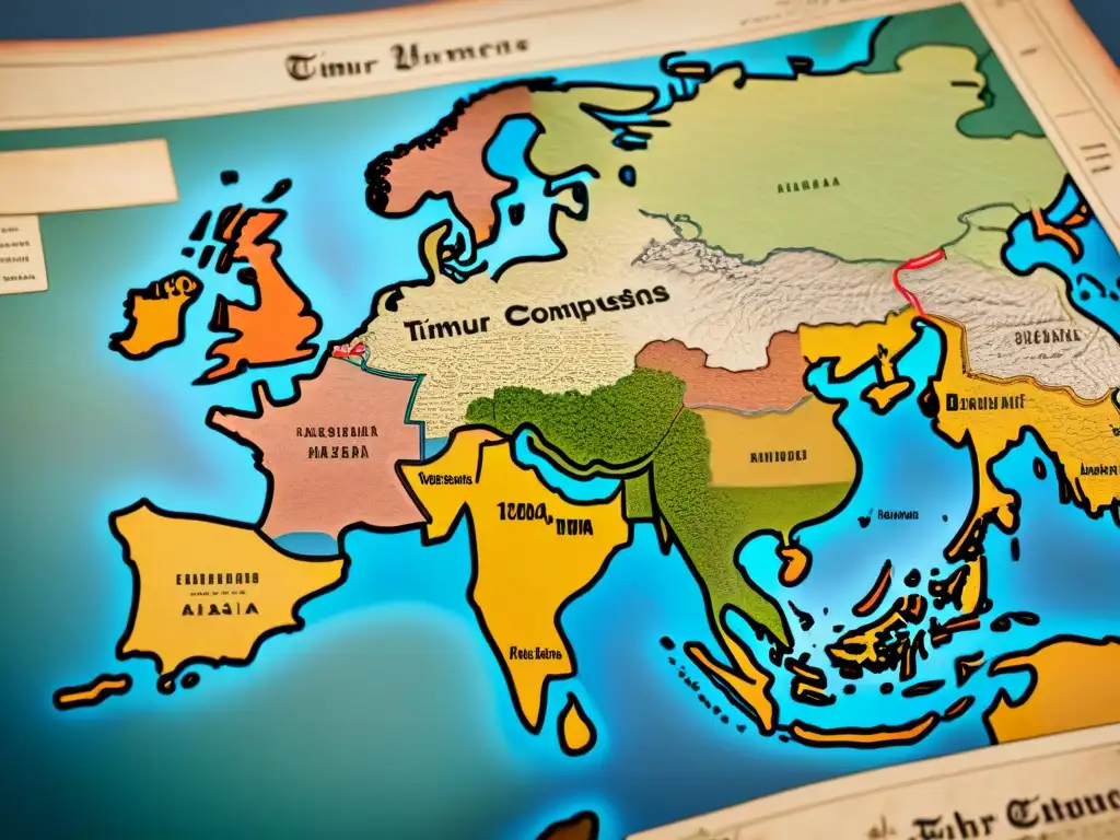 Mapa vintage detallado mostrando el legado de Tamerlán, conquistador nómada, con tonos de pergamino y rutas marcadas