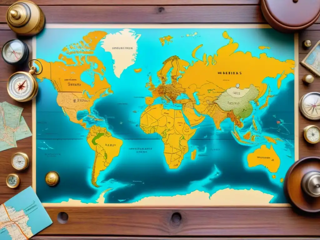 Mapa vintage detallado en madera con destinos globales, ilustraciones de emblemáticos lugares y nómadas digitales trabajando en cafés