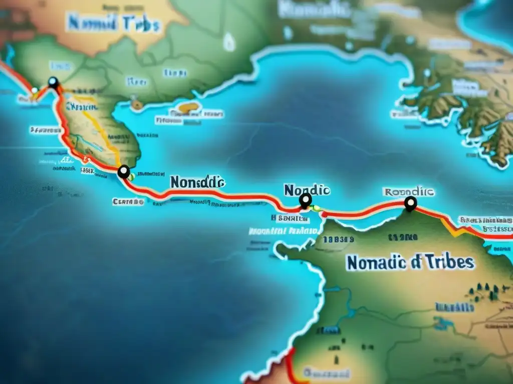 Mapa vintage detallado de la migración de tribus nómadas a través de paisajes vastos