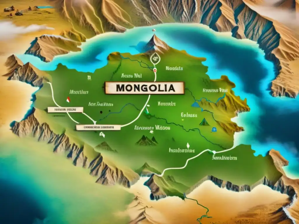 Mapa vintage detallado de Mongolia con rutas nómadas y campamentos, evocando historia y tribus nómadas