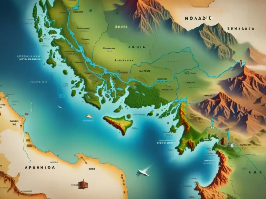 Mapa vintage detallado de exploración nómada en territorios sedentarios, con símbolos de intercambio cultural