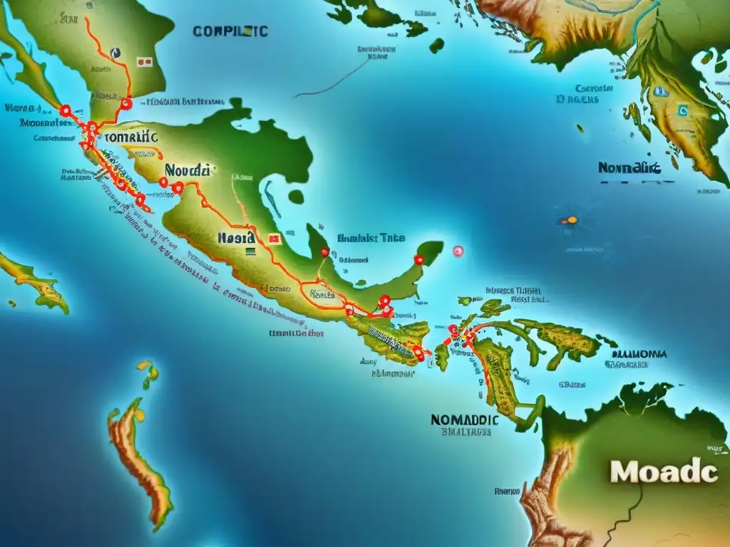 Mapa vintage detallado de relaciones entre nómadas y asentados, evocando la historia y la interacción cultural