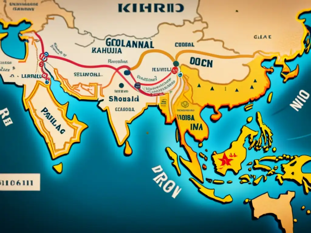 Mapa vintage detallado de la Ruta de la Seda con símbolos culturales de dinastías nómadas, evocando intercambio cultural global