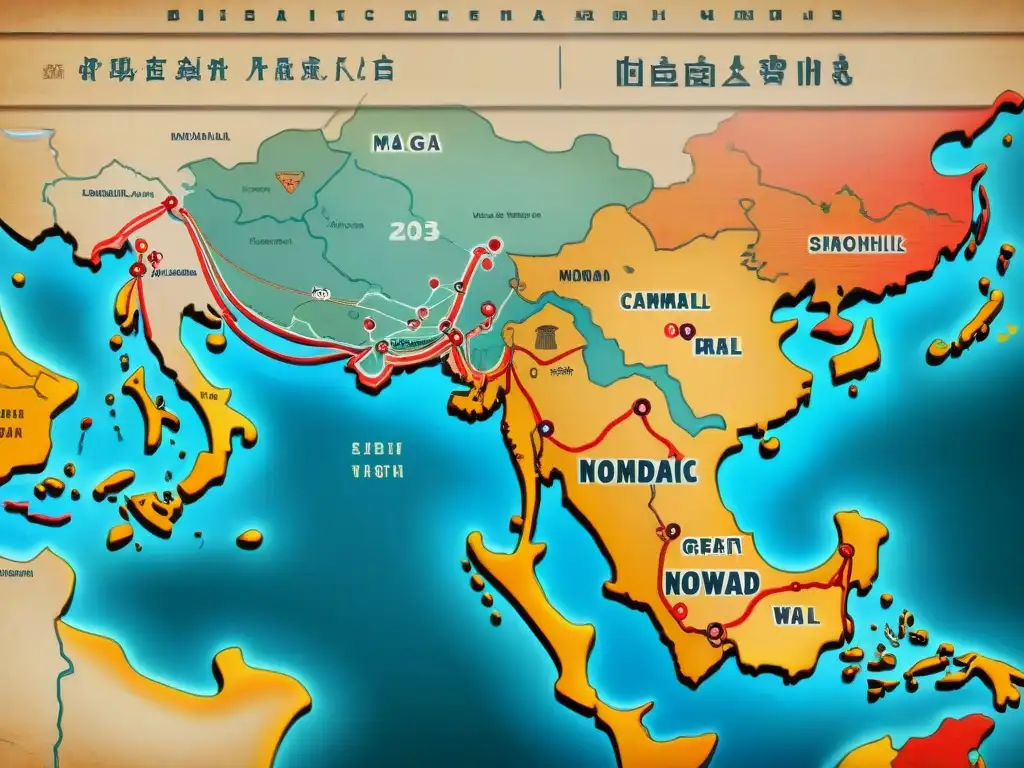 Mapa vintage detallado de la Ruta de la Seda: influencia de culturas nómadas, colores vibrantes y símbolos icónicos