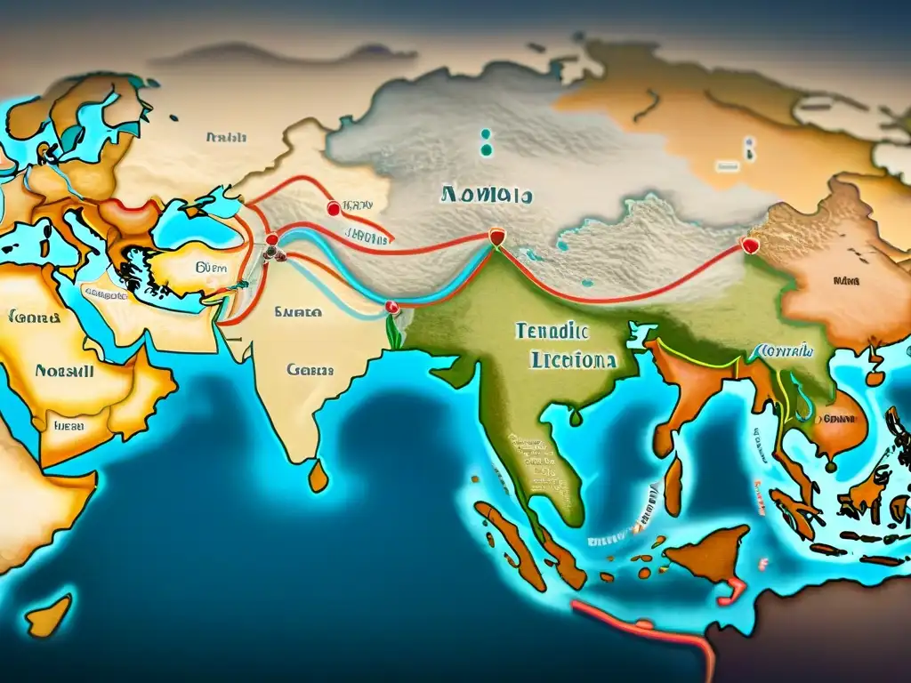 Mapa vintage detallado de la Ruta de la Seda con símbolos y lenguajes de tribus nómadas, destacando la mezcla lingüística