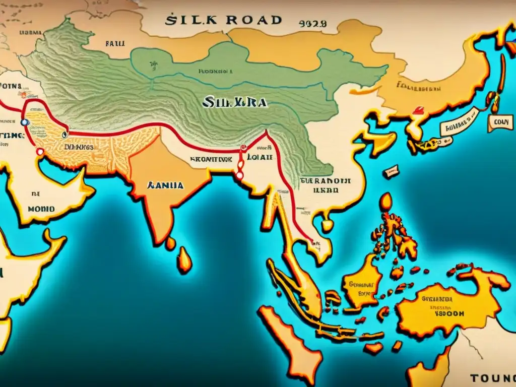 Mapa vintage detallado de la Ruta de la Seda, resaltando la interdependencia económica entre nómadas y sedentarios