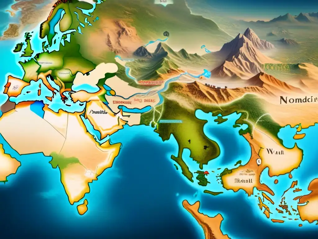 Mapa vintage detallado de la Ruta de la Seda con alianzas nómadas y rutas comerciales estratégicas