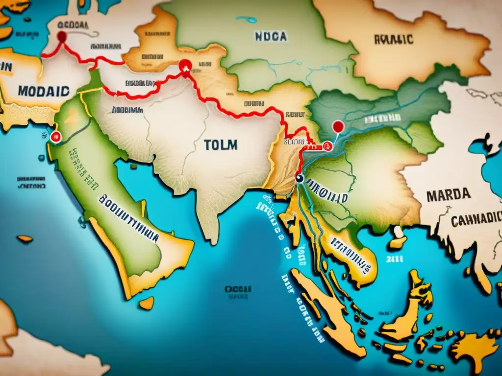 Mapa vintage detallado de la Ruta de la Seda con tribus nómadas, caravanas de camellos y mercados antiguos, evocando la historia y el comercio mundial