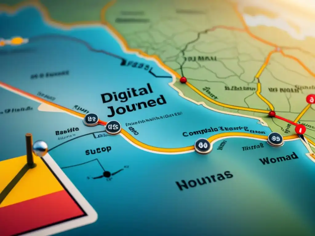 Mapa vintage detallado con ruta de nómada digital en carretera, paradas de seguridad digital y gadgets retro