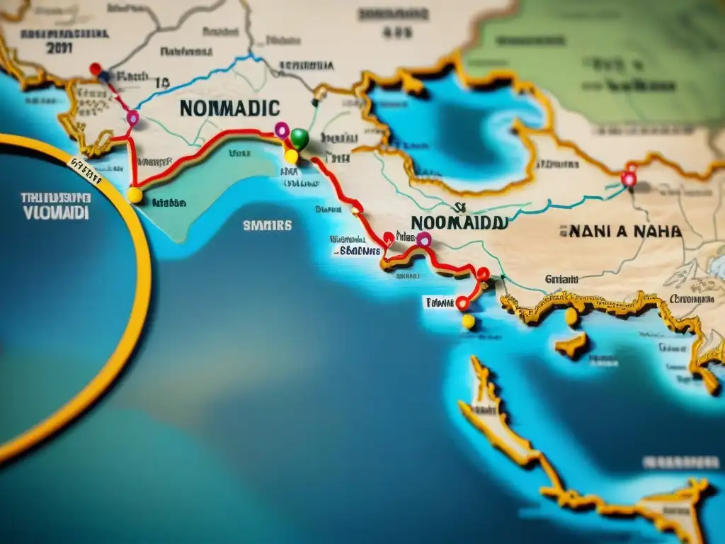 Un mapa vintage detallado de la Ruta de la Seda con tribus nómadas