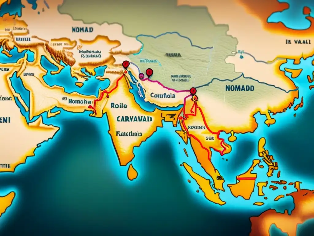 Mapa vintage detallado de la Ruta de la Seda, con tonos terrosos y símbolos culturales