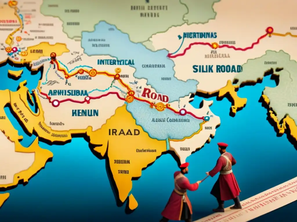 Un mapa vintage detallado de la Ruta de la Seda con mercados bulliciosos, caravanas de camellos y destinos culturales, en tonos vibrantes